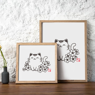 Süße japanische Katze und Sakura mit "Neko"-Stempe Poster