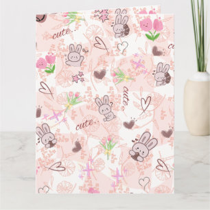 Süße japanische Kawaii-Häschen und rosa Gingham-Ka Karte