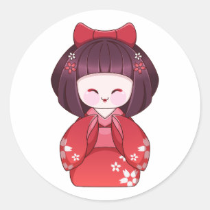 Süße japanische Kokeshi-Puppe Kimono Sakura-Aufkle Runder Aufkleber