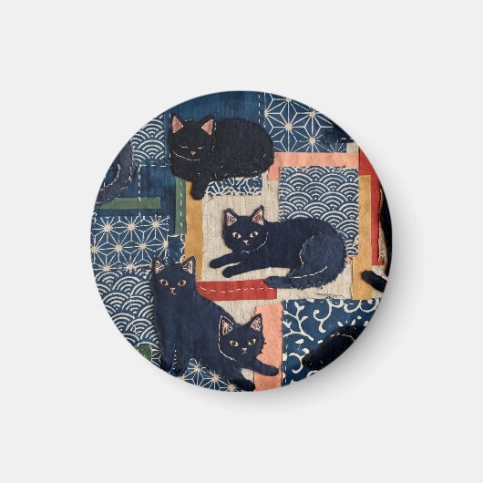 Süße japanische schwarze Katzen Patchwork Magnet (Vorne)