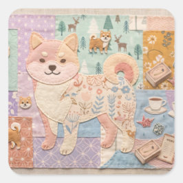 Süße japanische Shiba Inu Patchwork-Blumenmuster Quadratischer Aufkleber