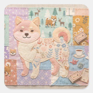 Süße japanische Shiba Inu Patchwork-Blumenmuster Quadratischer Aufkleber