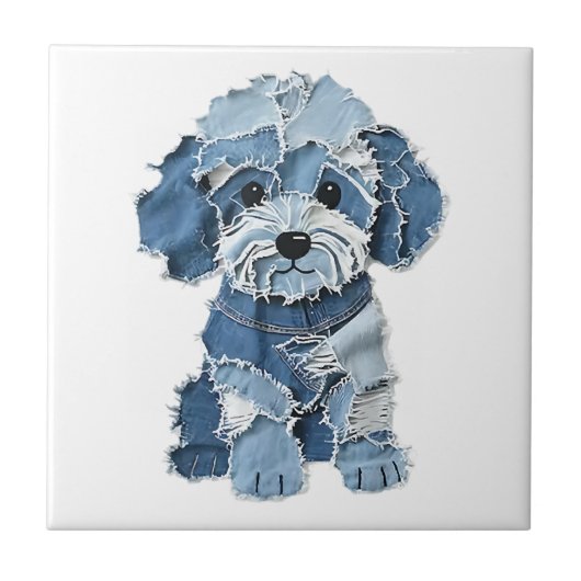 Süße Jeans-Patchwork-Hunde-Illustration Fliese (Vorderseite)