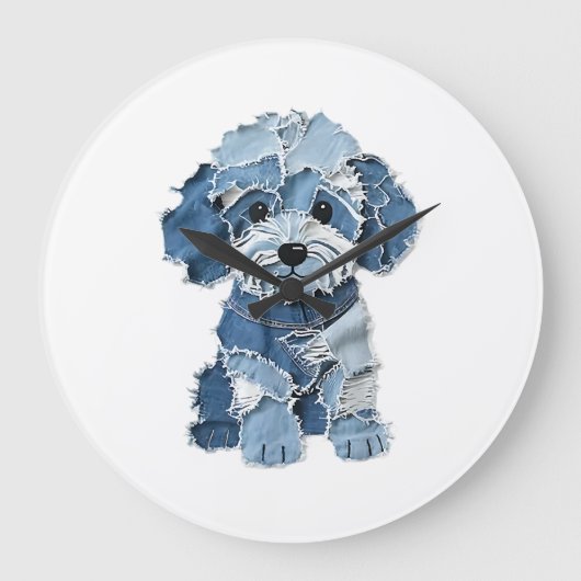 Süße Jeans-Patchwork-Hunde-Illustration Große Wanduhr (Vorderseite)