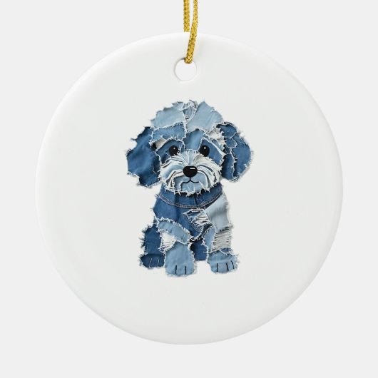 Süße Jeans-Patchwork-Hunde-Illustration Keramik Ornament (Vorne)