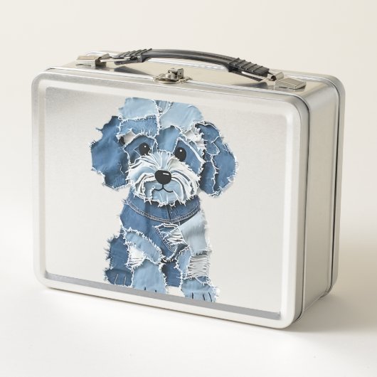 Süße Jeans-Patchwork-Hunde-Illustration Metall Brotdose (Vorderseite)