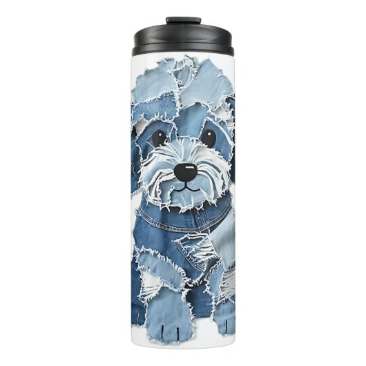 Süße Jeans-Patchwork-Hunde-Illustration Thermosbecher (Vorderseite)