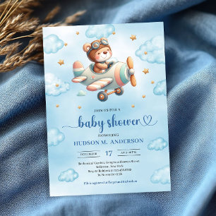 Süße Jungen-Baby-Shower-Einladung Teddybär Pilot B Einladung