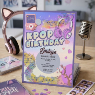 Süße K-Pop-Geburtstagsfeier rosa Katzenohren-Kopfh Einladung