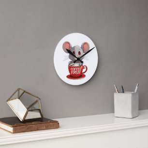 Süße Kaffe Maus in roter Tasse Runde Wanduhr