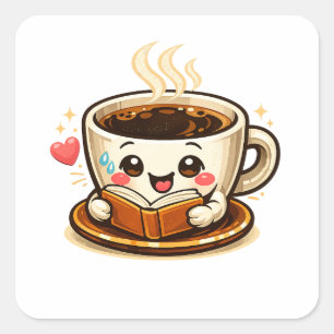 Süße Kaffee-Lesebuch Cozy Kaffee-Liebhaber Quadratischer Aufkleber