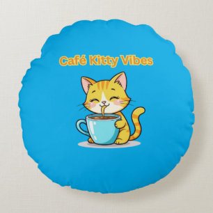 **Süße Kaffeekatze – Hübsche Katze trinkt Kaffee I Rundes Kissen