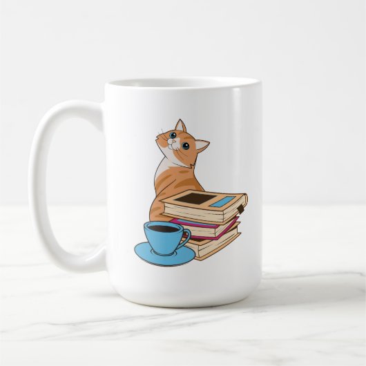 Süße Kaffeetasse mit Katzen, Büchern und Kaffee (Links)