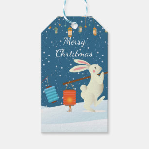 Süße Kaninchen Laternenparade durch den Schnee Wei Geschenkanhänger
