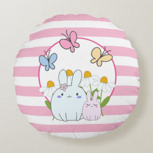 Süße Kaninchen mit Frühlingsgänseblümchen und Schm Rundes Kissen