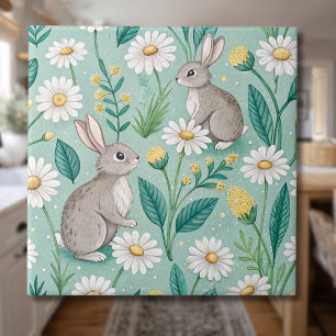 Süße Kaninchen sitzen zwischen weißen Gänseblümche Fliese