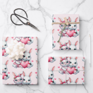 Süße Kaninchen teilen ein Herz-Muster Geschenkpapier Set