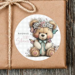 Süße Karierte Teddy-Blumen-Daisy-Baby-Party Runder Aufkleber