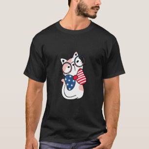 Süße Kätzchen-Katze mit Brille Roter Weißer und Bl T-Shirt