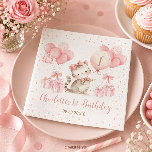 Süße Kätzchen Katze rosa Ballons 1. 2. 3. Geburtst Serviette