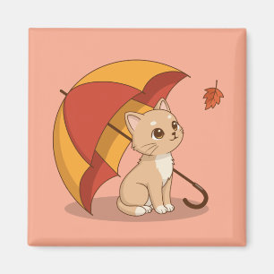 Süße Kätzchen Katze Rot Gelb Regenschirm Fall Rosa Magnet