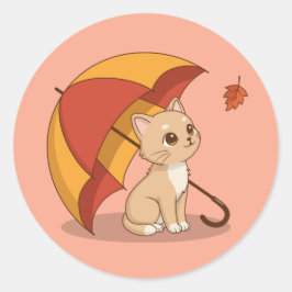 Süße Kätzchen Katze Rot Gelb Regenschirm Fall Rosa Runder Aufkleber