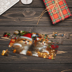 Süße Kätzchen mit Weihnachtsmann und Rentierhüten Puzzle
