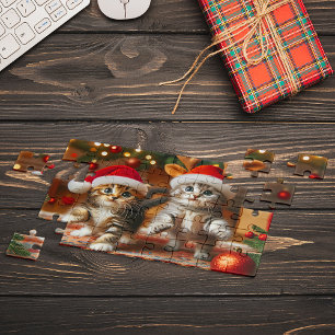 Süße Kätzchen mit Weihnachtsmann und Rentierhüten Puzzle