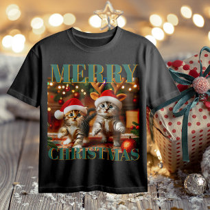 Süße Kätzchen mit Weihnachtsmann und Rentierhüten T-Shirt