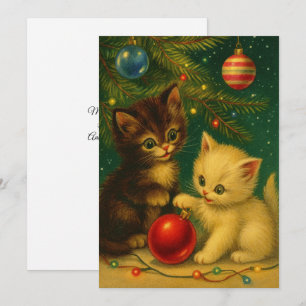 Süße Kätzchen unter dem Weihnachtsbaum Retro Feiertagskarte