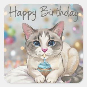 Süße Katze Alles Gute zum Geburtstag Cupcake Blaut Quadratischer Aufkleber