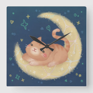 Süße Katze auf dem Mond Quadratische Wanduhr
