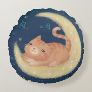 Süße Katze auf dem Mond Rundes Kissen