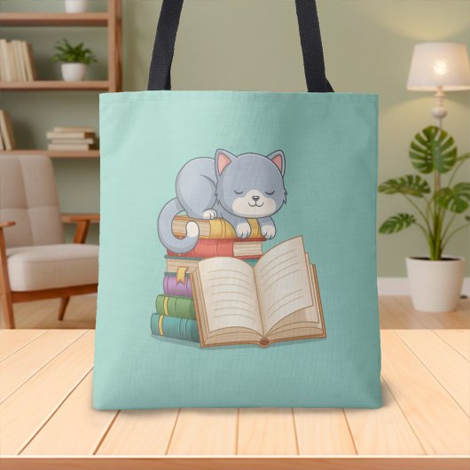 Süße Katze auf einem Bücherstapel Grün Tasche