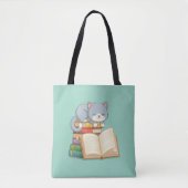 Süße Katze auf einem Bücherstapel Grün Tasche (Vorderseite)
