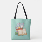 Süße Katze auf einem Bücherstapel Grün Tasche (Rückseite)