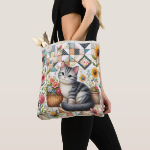 Süße Katze auf floraler Steppdecke Cottagecore-Kun Tasche