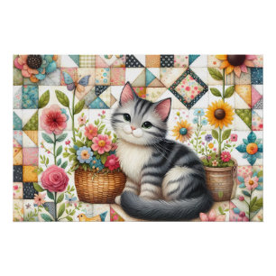 Süße Katze auf floraler Steppdecke Cottagecore Poster