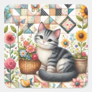 Süße Katze auf floraler Steppdecke Cottagecore Quadratischer Aufkleber