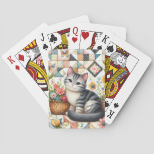 Süße Katze auf floraler Steppdecke Cottagecore Spielkarten