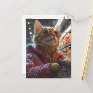 Süße Katze beim Einkaufen von Lebensmitteln Postkarte