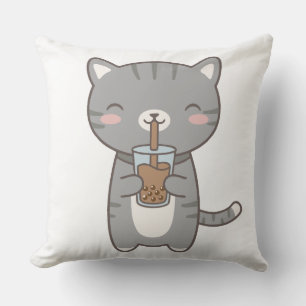 Süße Katze Boba Milchtee Niedliche Graue Tabby-Kät Kissen