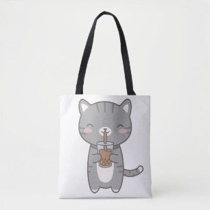 Süße Katze Boba Milchtee Niedliche Graue Tabby-Kät Tasche