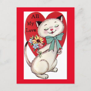 Süße Katze bringt Liebe und Blumen Vintage Valenti Postkarte