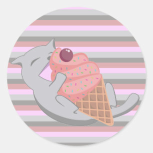 Süße Katze, die Eiscreme isst, gestreift Runder Aufkleber