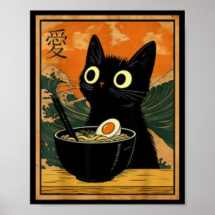 Süße Katze, die Ramen-Nudeln isst, lustiges Anime- Poster