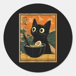 Süße Katze, die Ramen-Nudeln isst, lustiges Anime- Runder Aufkleber