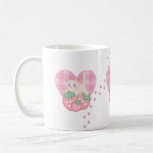 Süße Katze & Erdbeere Rosa Herz Kaffeetasse - Ka