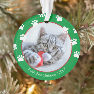 Süße Katze Erstes Weihnachten Pfotenabdrücke Grün  Ornament