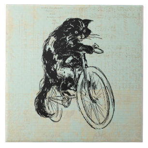 Süße Katze fährt Fahrrad Vintage Mintgrün Kunst Fliese